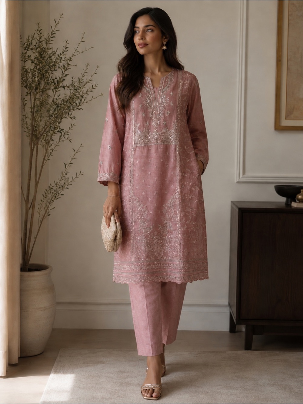 Stunning Embroidered Dusty Pink/Silver Embroidery Kurta & Pants Set